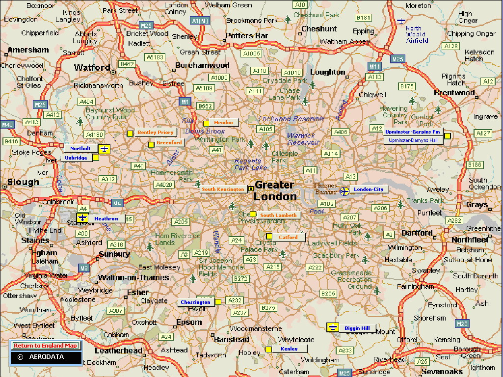 UK Map of Greater London airfields - click to enlarge